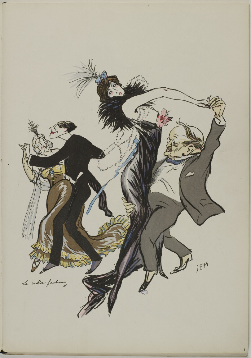 Caricature de Sem représentant Giovanni Boldini dansant avec la milliardaire Ava Astor.